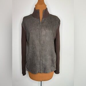 Jones New York Sweater Chocolate Brown Faux Suede Front Rib Knit Size Large